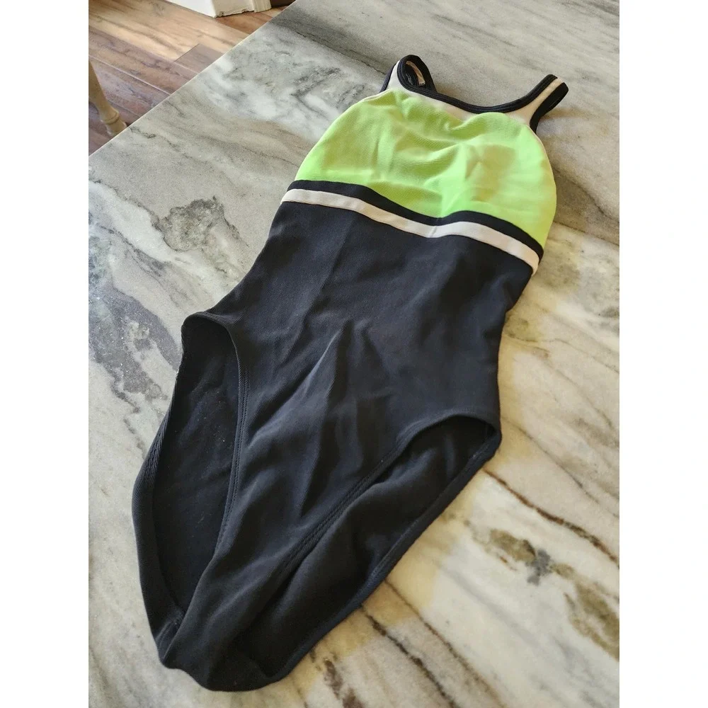 Jag Vintage High Cut One Piece Swimsuit Black Lime Green Ribbed Colorblock